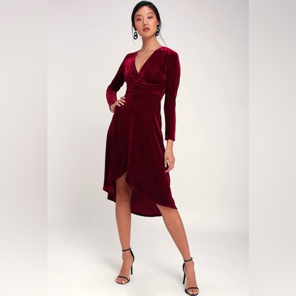 Silver Screen Burgundy Velvet Long Sleeve Midi Dress Large
